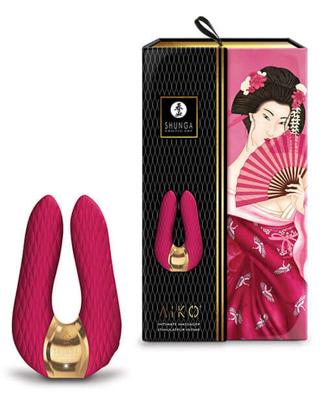 Shunga Aiko Intimate Massager Raspberry in elegant packaging, showcasing its dual-motor design and soft silicone texture.