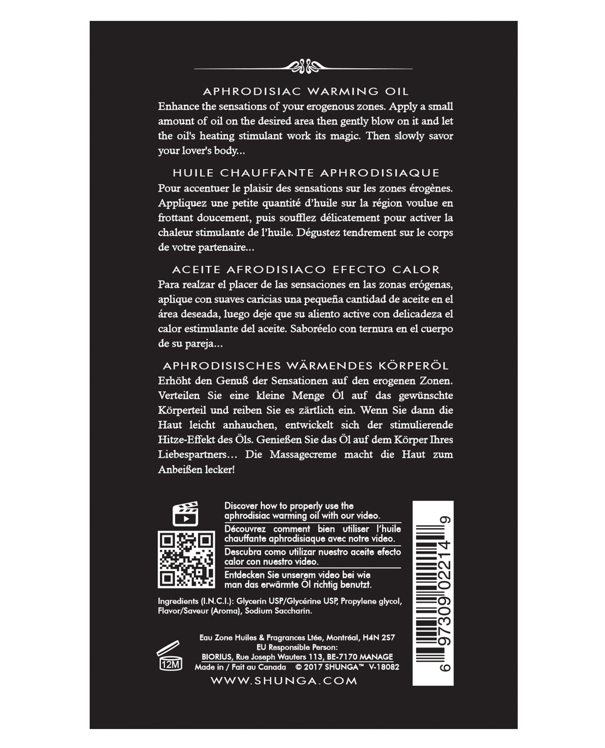 Shunga Warming Oil Creamy Love Latte 3.5 Oz product back label with usage instructions and multilingual description