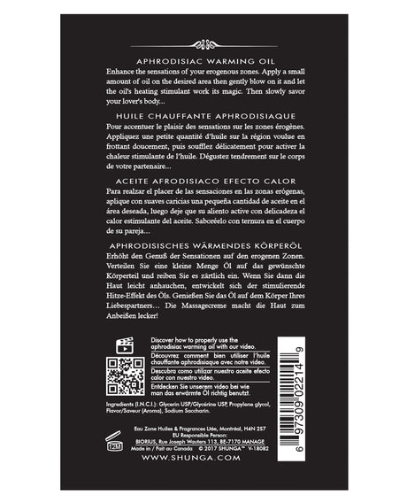 Shunga Warming Oil Creamy Love Latte 3.5 Oz product back label with usage instructions and multilingual description