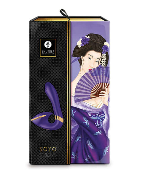 Shunga Soyo Intimate Massager Purple packaging featuring elegant design and sensual artwork.