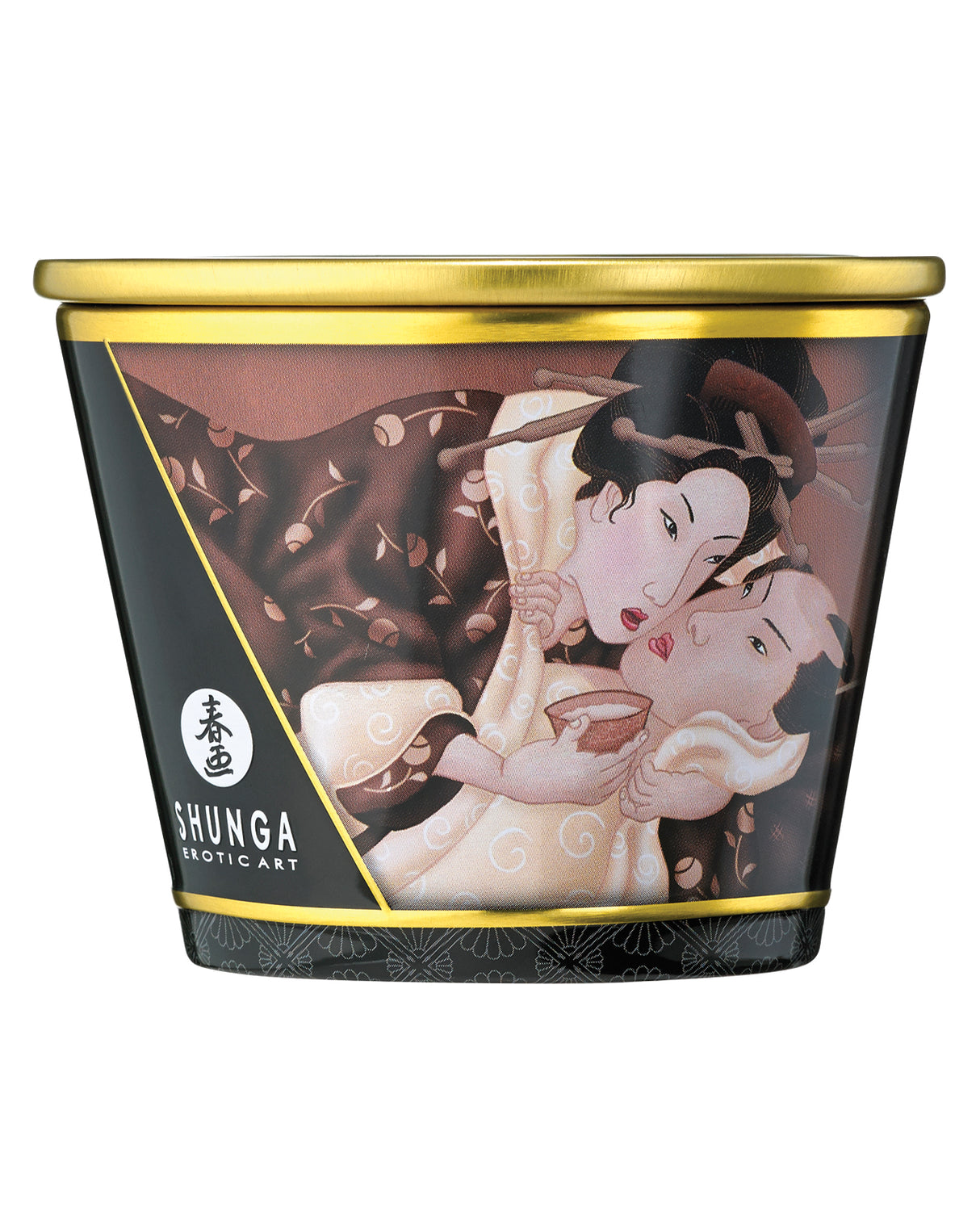 Shunga Massage Candle Intoxicating Chocolate 5.7 Oz with artistic design showcasing intimate couple on the container.