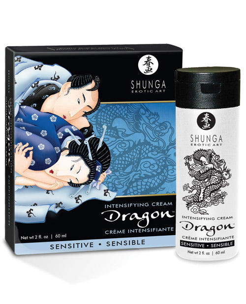Shunga Dragon Sensitive Cream 2 Oz packaging and product, featuring a design inspired by Dragon theme for intimate experiences.