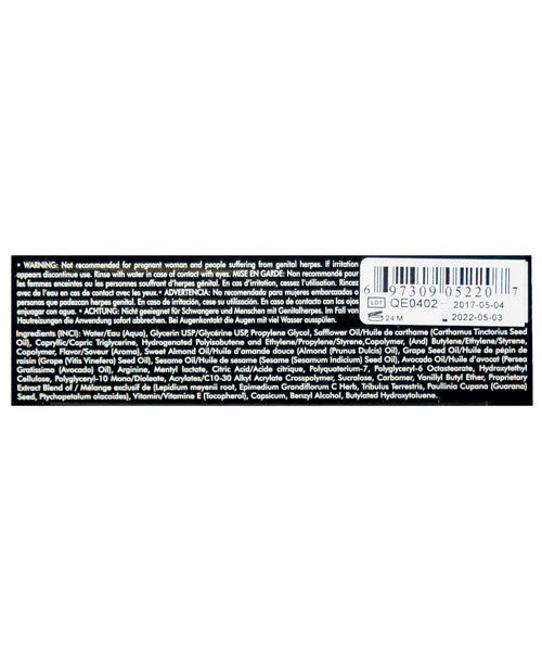 Ingredients and warnings for Shunga Dragon Sensitive Cream 2 Oz, including safety and usage information.