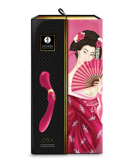 Shunga Zoa Intimate Massager Raspberry packaging featuring elegant design and vibrant colors.