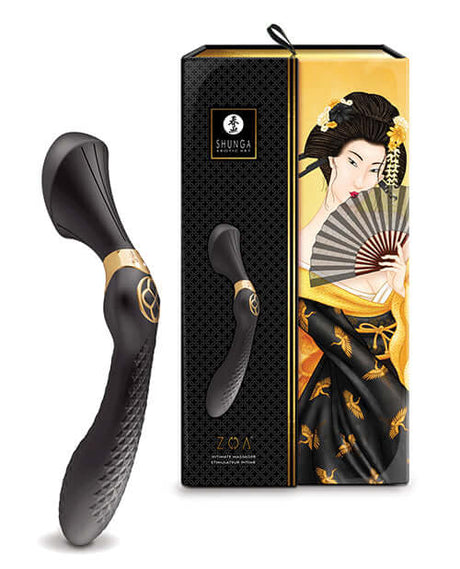 Shunga Zoa Intimate Massager Black displayed next to elegant packaging featuring a traditional design.