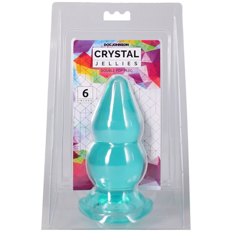 Crystal Jellies Double Pop Plug 6 Inch Teal in packaging showcasing its double curve design and vibrant color.