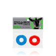 Si Novelties Power Stretch Donuts Cock Rings 2 Pack featuring blue and red stretchy support rings.