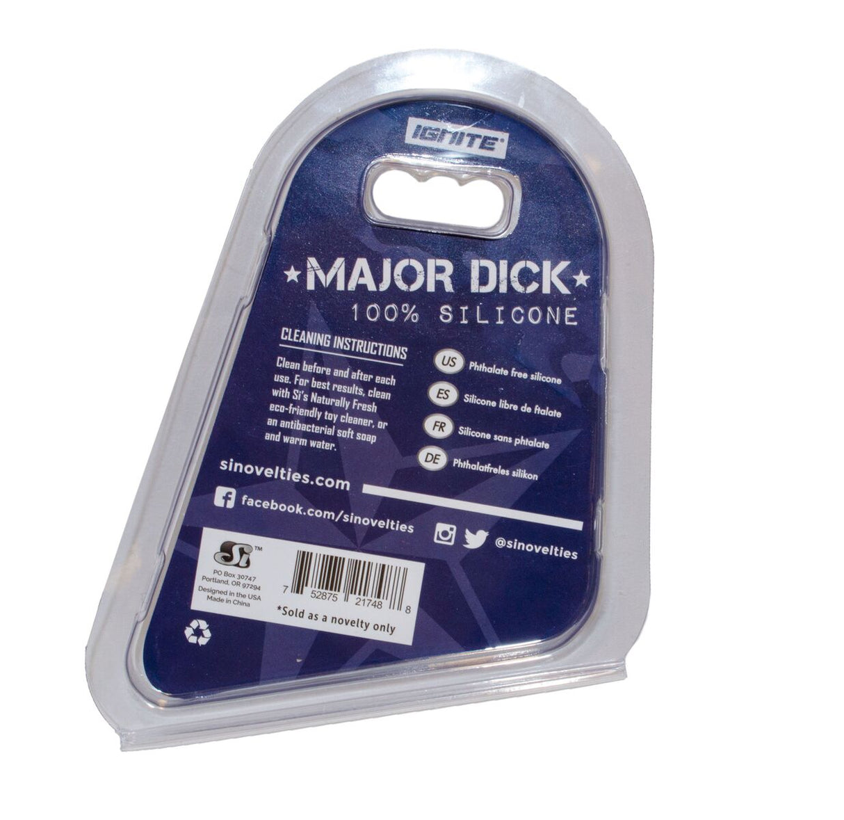 Packaging of Major Dick Commando Silicone Donut Blue Camo 1.75 inches with cleaning instructions.