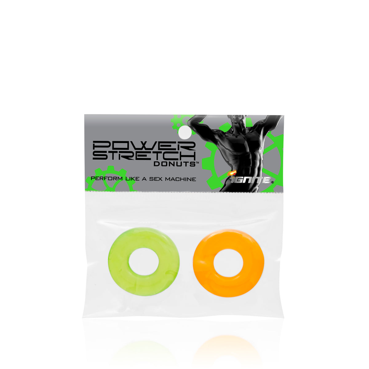 Ignite Power Stretch Donuts 2 Pack Cock Rings Orange Green packaging featuring orange and green rings for enhanced performance.