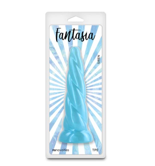 Fantasia Siren Suction Cup Dildo Turquoise in packaging with vibrant blue design and smooth TPE texture.