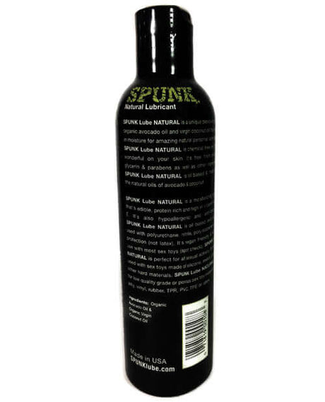 Spunk Natural Oil-Based Coconut Avocado Lubricant 8 oz bottle with ingredient details on label.