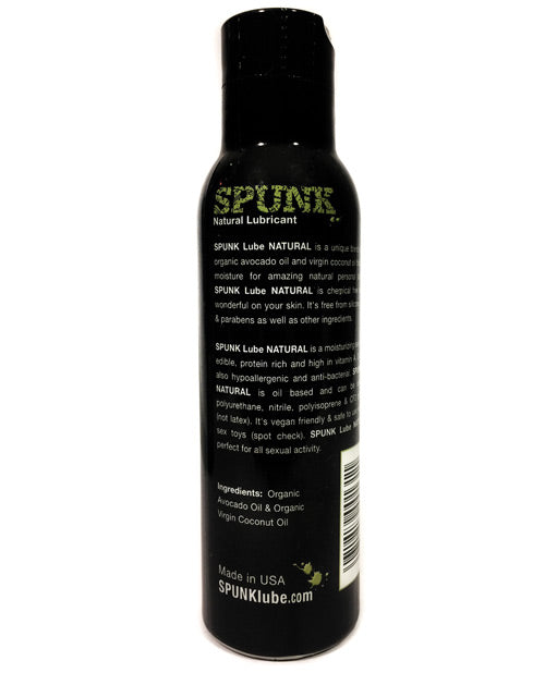 Spunk Natural Coconut Avocado Oil Lubricant 4 oz bottle with natural ingredients and usage details.