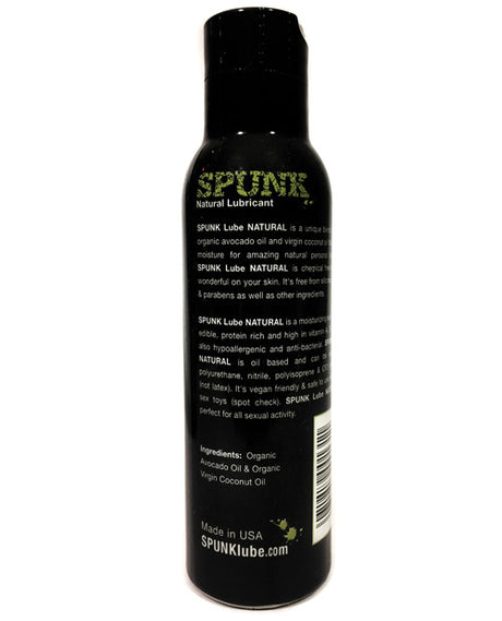 Spunk Natural Coconut Avocado Oil Lubricant 4 oz bottle with natural ingredients and usage details.