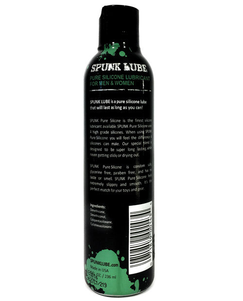 Spunk Pure Silicone Lubricant 8 oz bottle with black label, designed for long-lasting smooth glide.