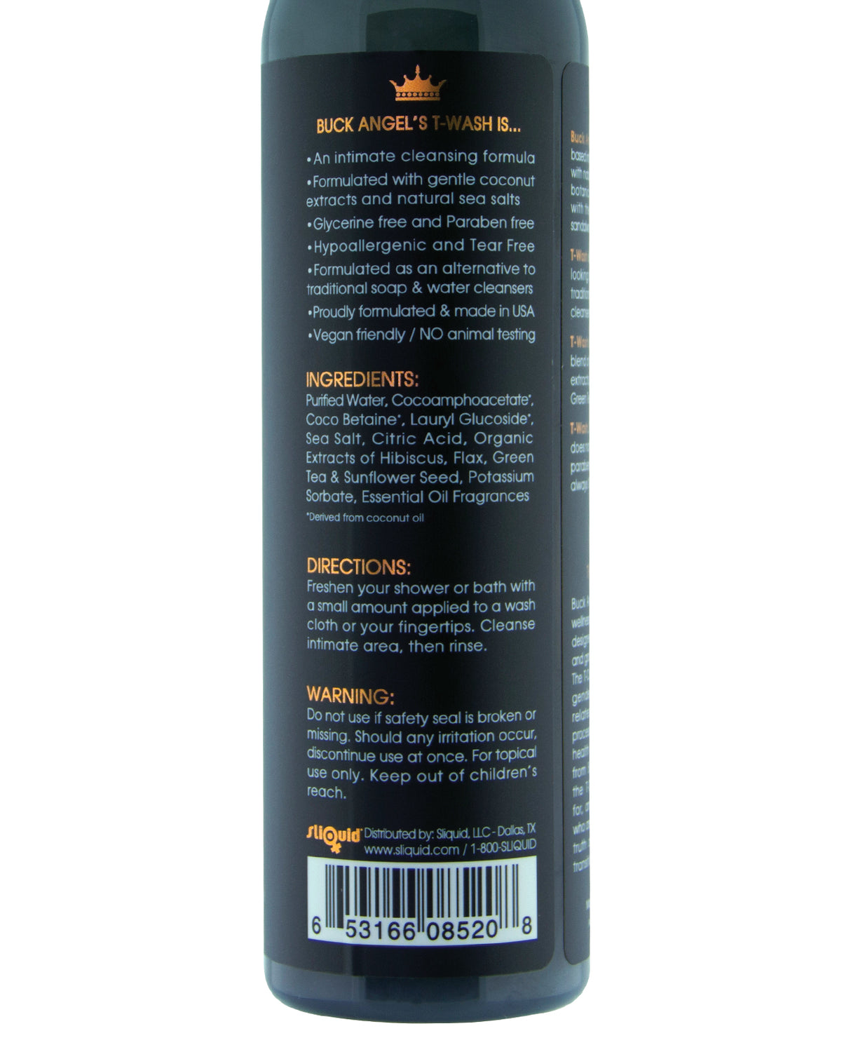Sliquid Buck Angel T-Wash Intimate Cleanser 8.5 oz bottle with ingredient list and directions.