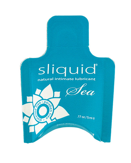 Sliquid Naturals Sea Lubricant Pillows .17 oz packaging featuring a vibrant blue design with natural ingredients.
