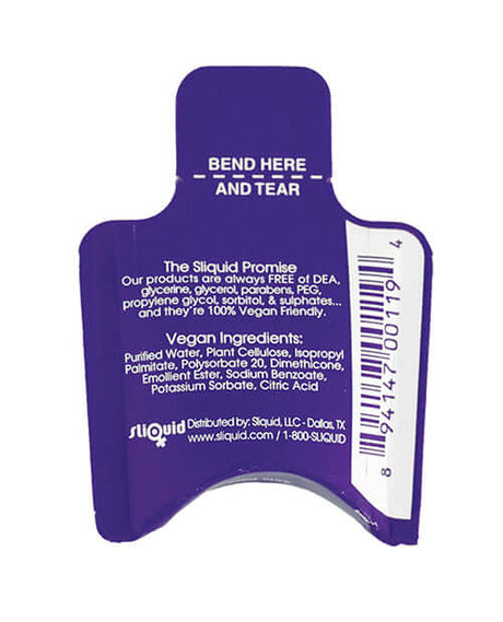 Sliquid Naturals Silk Lubricant 0.17 oz Pillow Pack back packaging details and vegan ingredients list.