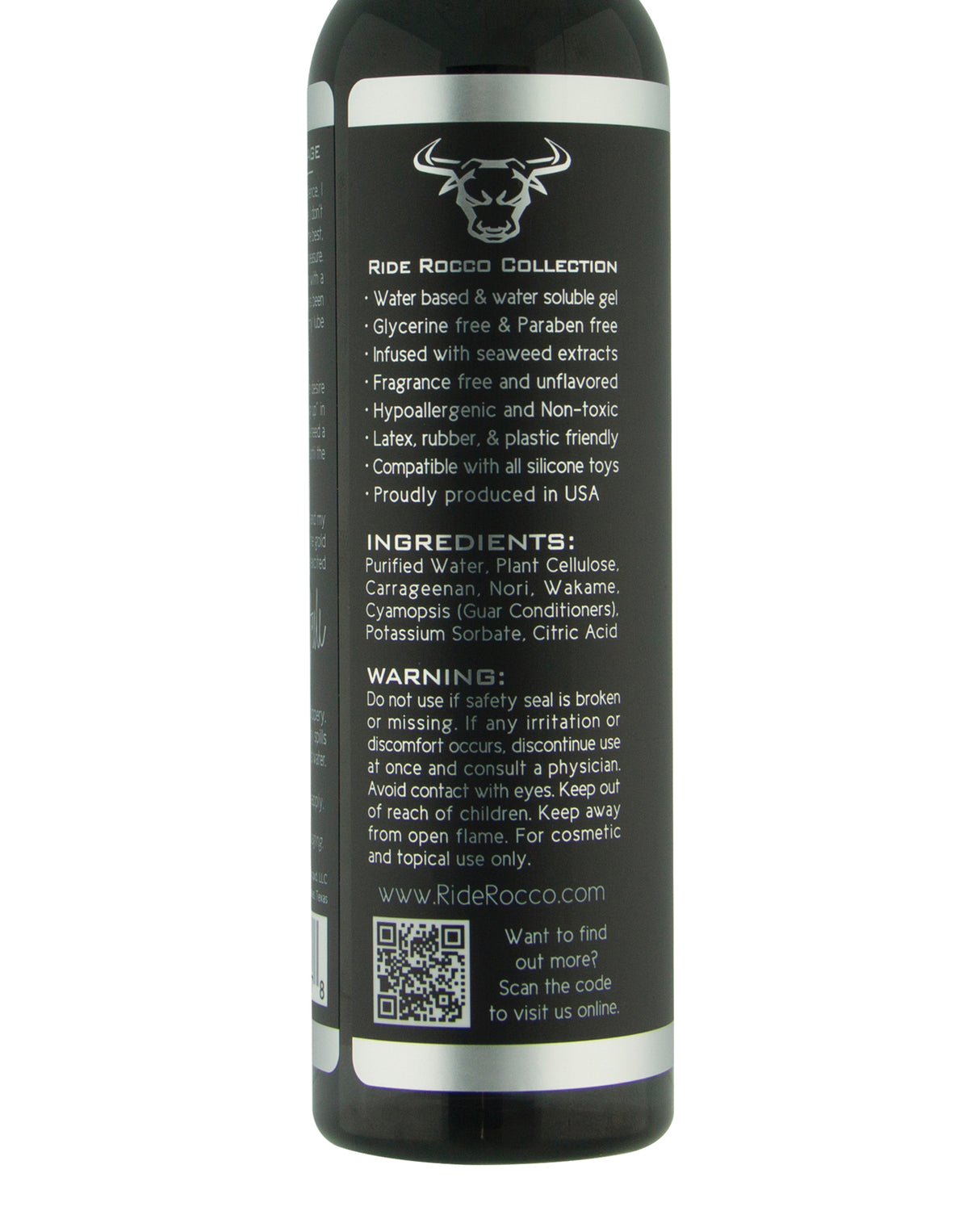 Sliquid Ride Rocco Water Based Lubricant 8 Oz bottle ingredients and usage information