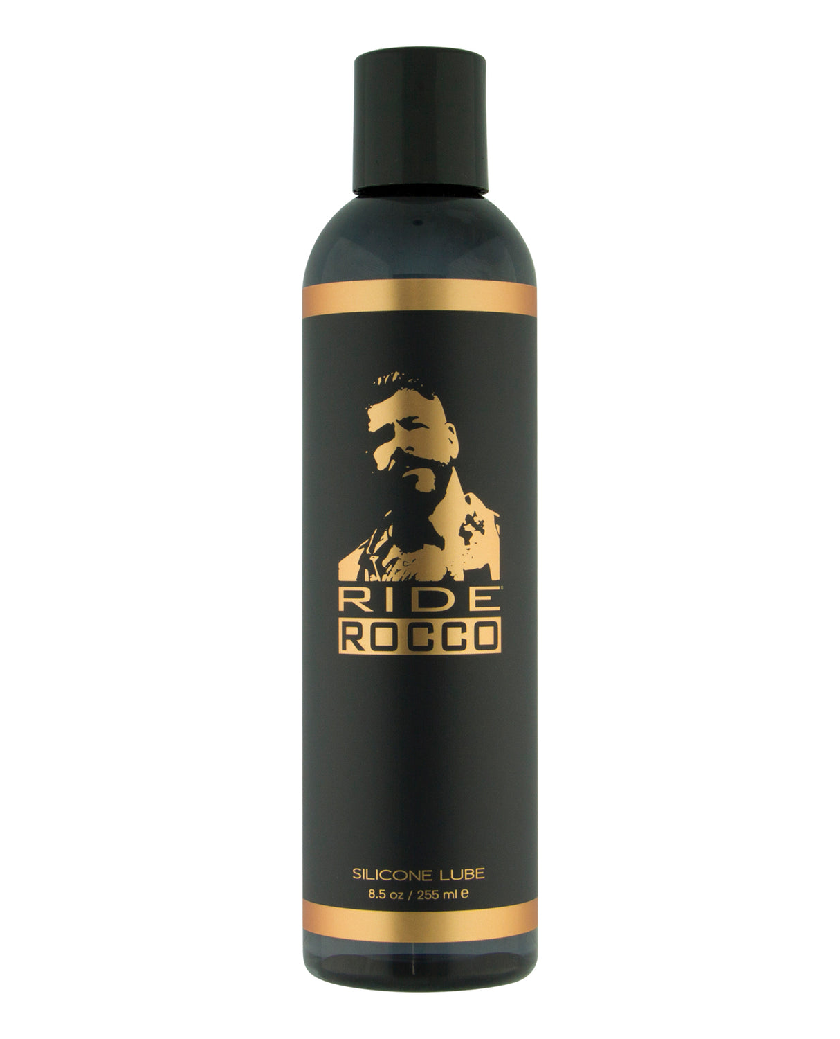Sliquid Ride Rocco Silicone Lubricant 8 oz bottle featuring a sleek black and gold design.