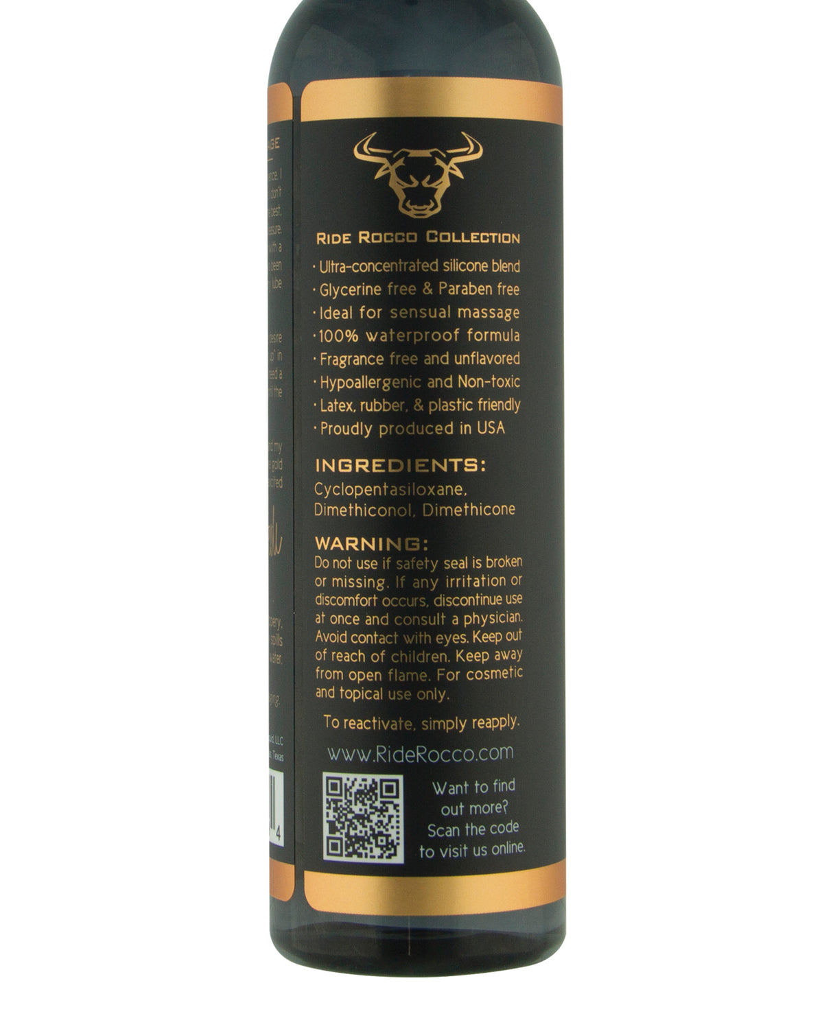 Sliquid Ride Rocco Silicone Lubricant 8 oz bottle with ingredient details and usage instructions.