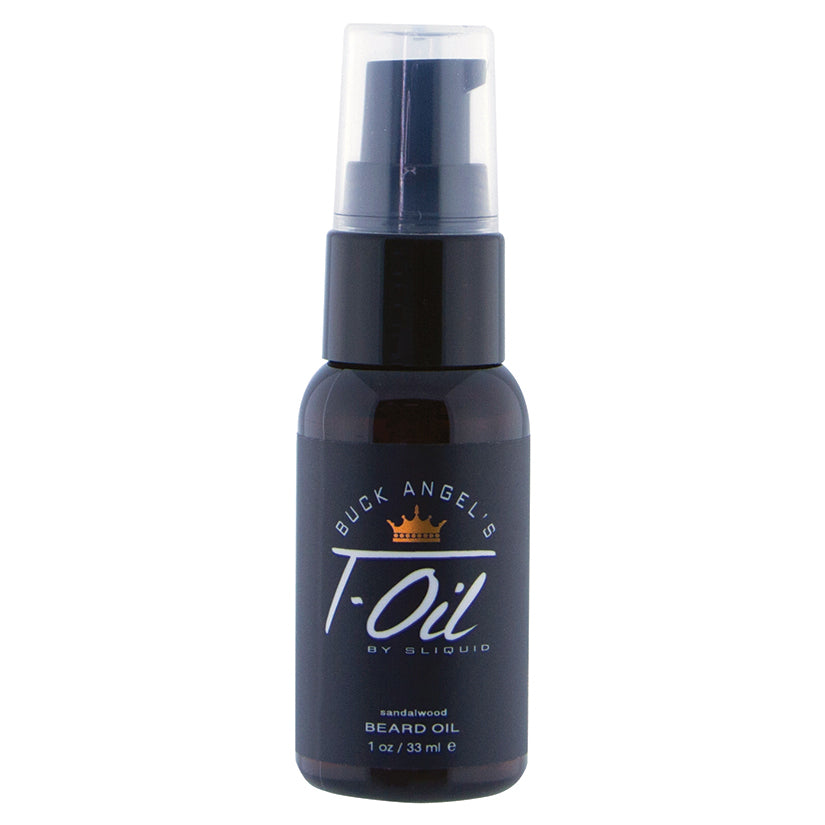 Sliquid Buck Angel T Oil Sandalwood 1 Oz bottle showcasing beard oil for facial hair growth.