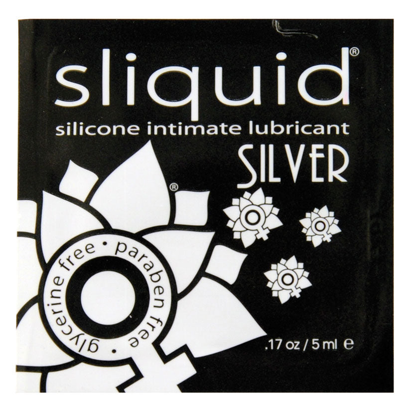 Sliquid Silver Silicone Lubricant Foil Packet 0.17 Oz featuring a sleek black and white design with floral accents.