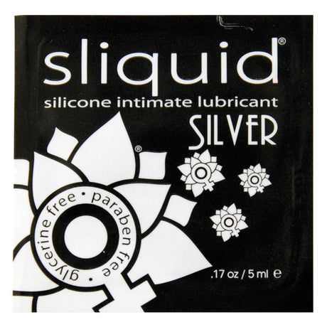 Sliquid Silver Silicone Lubricant Foil Packet 0.17 Oz featuring a sleek black and white design with floral accents.