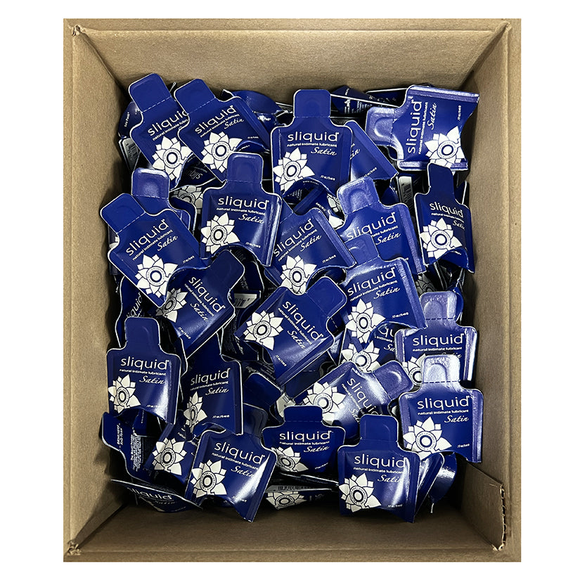 Sliquid Satin Lubricant Pillow Pack Bag Of 200 featuring individual pillow packs in a box.