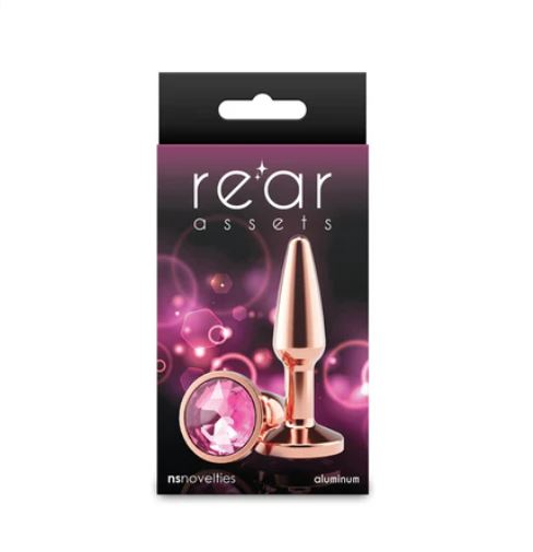 Rear Assets Tapered Small Anal Plug Rose Gold packaging showcasing a sleek aluminum design with pink jewel accent.