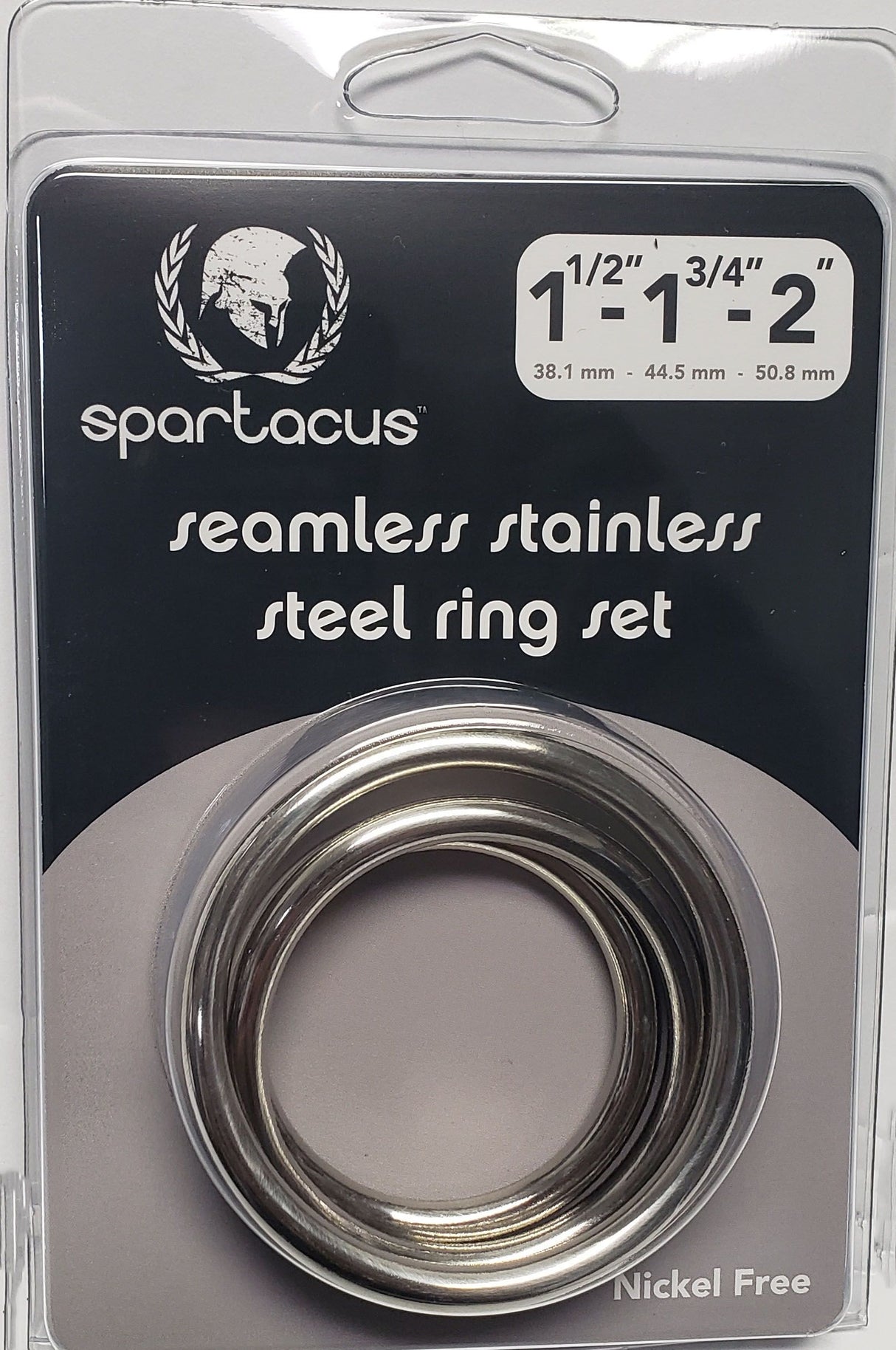 Spartacus Seamless Stainless Steel C Ring Set packaging showing three sizes of rings 1.5-inch, 1.75-inch, and 2-inch.