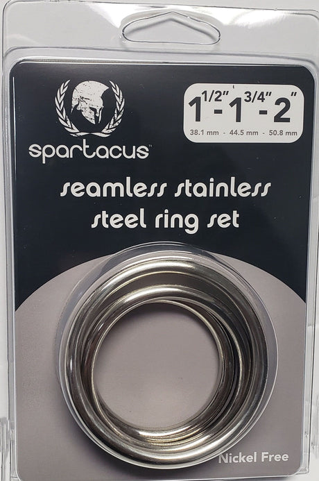 Spartacus Seamless Stainless Steel C Ring Set packaging showing three sizes of rings 1.5-inch, 1.75-inch, and 2-inch.