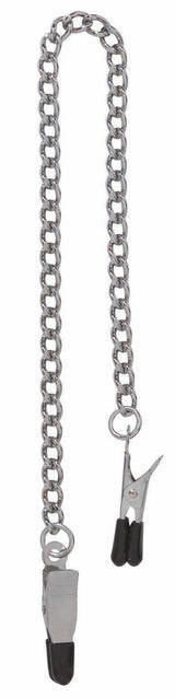 Spartacus Endurance Nipple Clamps Tapered Tip with a chain and rubber-tipped clamps for nipple play.