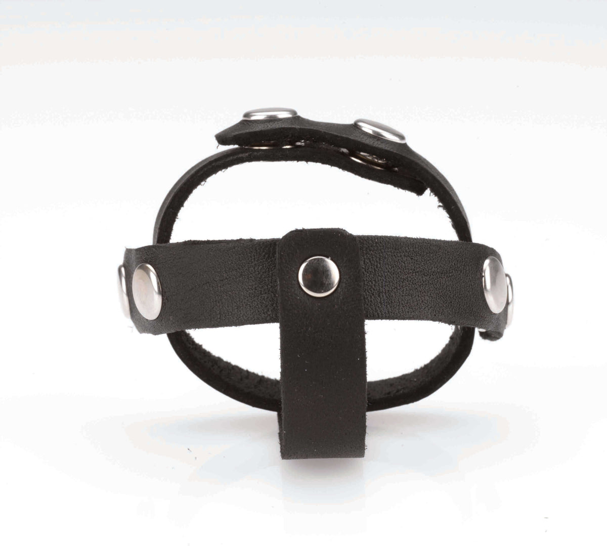 Spartacus Leather T Style Cock and Ball Divider Black with snaps and durable construction, designed for pleasure and quality.