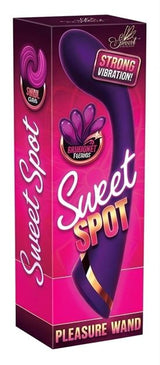 Sweet Spot Pleasure Wand Massager packaging with strong vibration feature in vibrant purple and pink design.