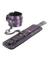 Spartacus Galaxy Legend Faux Leather Ankle Restraints Purple displayed with matching cuff and chain.