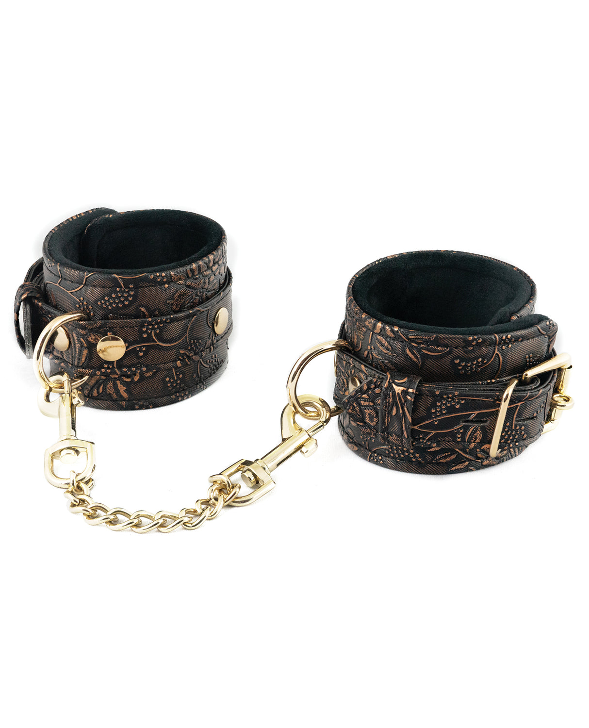 Spartacus Faux Fur Ankle Restraints Brown Floral Print featuring plush faux fur lining and gold hardware for comfort in restraint play.