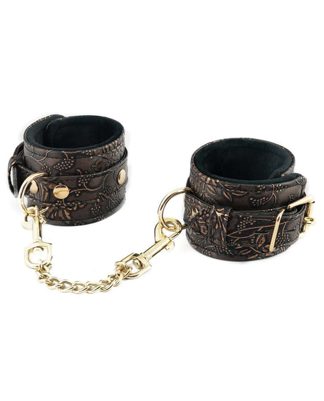 Spartacus Faux Fur Ankle Restraints Brown Floral Print featuring plush faux fur lining and gold hardware for comfort in restraint play.