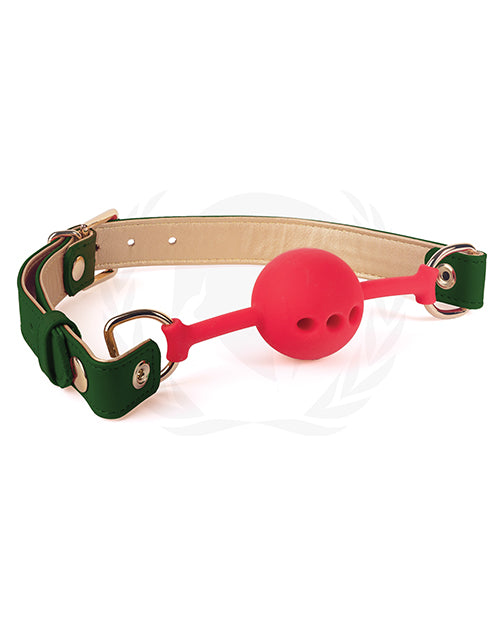 Spartacus Silicone Ball Gag Green Gold PU Straps 46mm featuring a silicone ball and vibrant straps.
