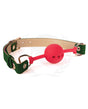 Spartacus Silicone Ball Gag Green Gold PU Straps 46mm featuring a silicone ball and vibrant straps.