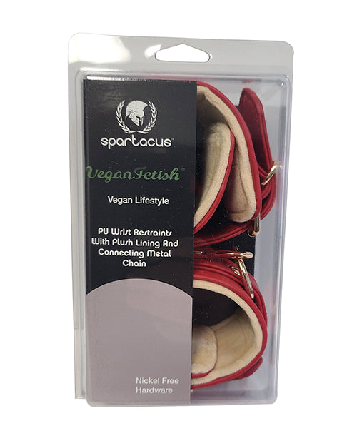 Spartacus PU Wrist Cuffs with Plush Lining Red in packaging, showcasing durable PU exterior and soft plush interior.