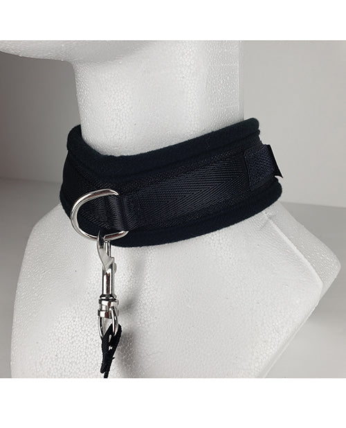 Spartacus Collar & Leash Neoprene Black displayed on a mannequin, showcasing its soft neoprene and secure hardware.