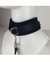 Spartacus Collar & Leash Neoprene Black displayed on a mannequin, showcasing its soft neoprene and secure hardware.