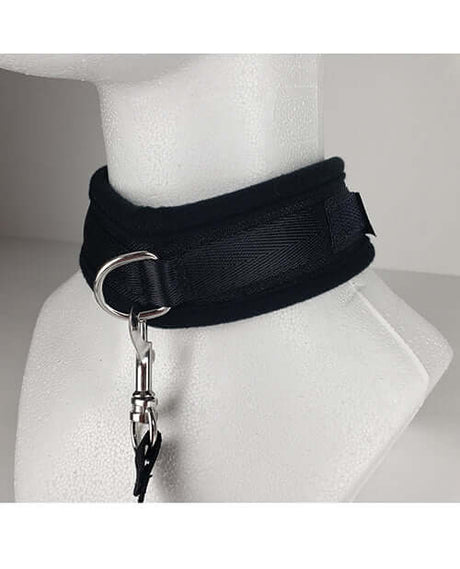 Spartacus Collar & Leash Neoprene Black displayed on a mannequin, showcasing its soft neoprene and secure hardware.