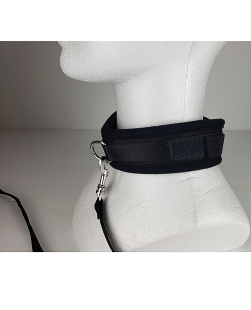 Spartacus Collar & Leash Neoprene Black displayed on a mannequin, showcasing the soft neoprene material and secure leash attachment.