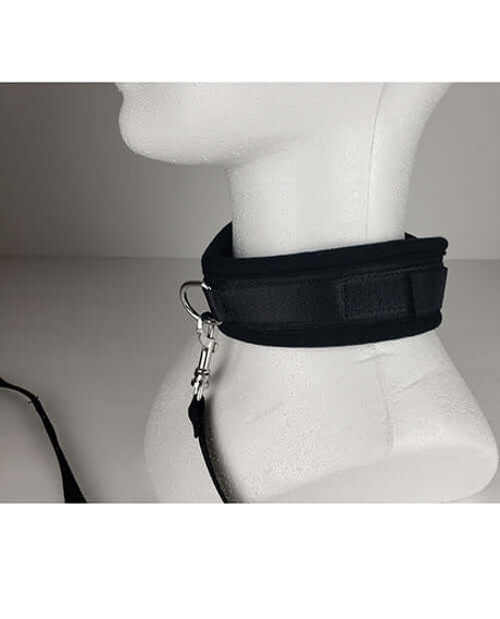 Spartacus Collar & Leash Neoprene Black displayed on a mannequin, showcasing the soft neoprene material and secure leash attachment.