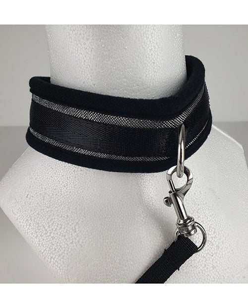 Spartacus Collar and Leash Neoprene Silver detail shot, showing black collar with silver accents and leash attachment.