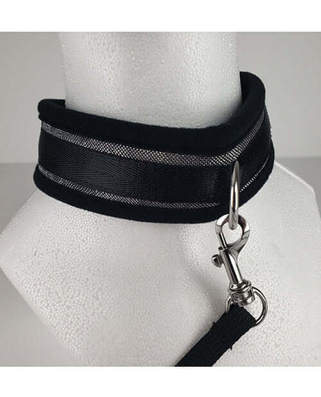 Spartacus Collar and Leash Neoprene Silver detail shot, showing black collar with silver accents and leash attachment.