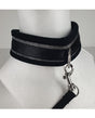 Spartacus Collar and Leash Neoprene Silver detail shot, showing black collar with silver accents and leash attachment.