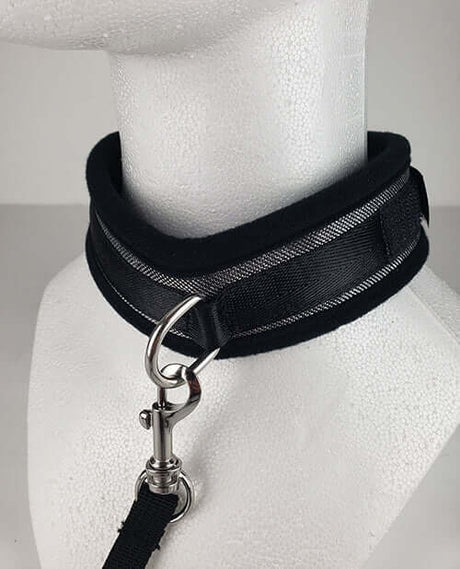 Spartacus Collar and Leash Neoprene Silver displayed on a mannequin showcasing its sleek design and comfort.