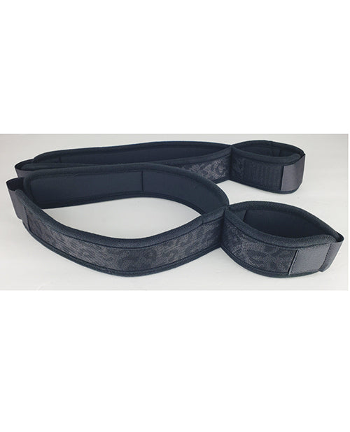 Spartacus Wrist to Thigh Cuffs Neoprene Black shown from the side, featuring durable neoprene material for restraint play.